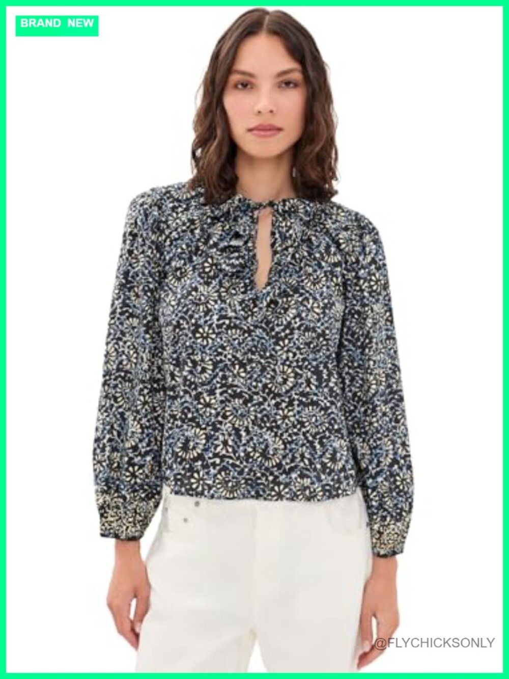 Cotton Poplin Blouse Long Sleeve Ruffle V-Neck Floral Top